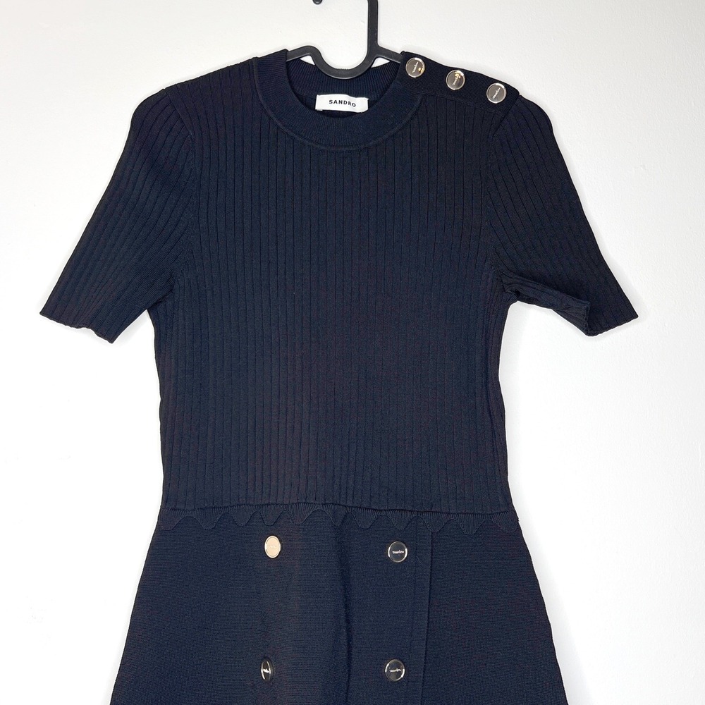 Sandro Black Ribbed Knit Short Sleeve A-Line Dress Gold Button Detail Size 36 - Picture 6 of 14
